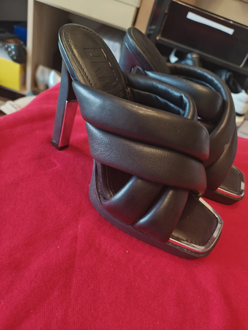 DKNY Black Padded Crossover Strap High Heel Mules 6